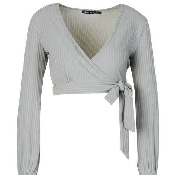 Boohoo White Ribbed Wrap Crop Top - Picture 2 of 3